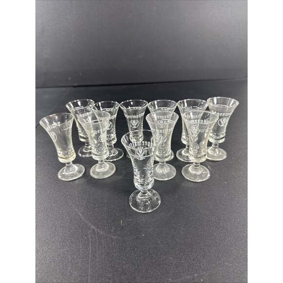 Vintage Set of 11 Jagermeister Footed Stemmed Shot Glasses 2CL Logo Barware - Picture 1 of 2